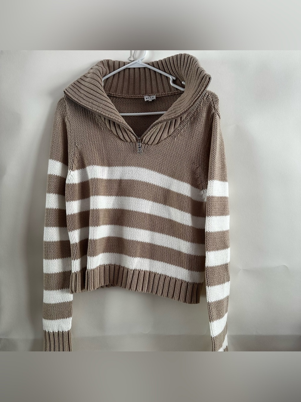 KULE The Matey‎ Taupe Striped Half-Zip Collared Sweater — Size S Preppy